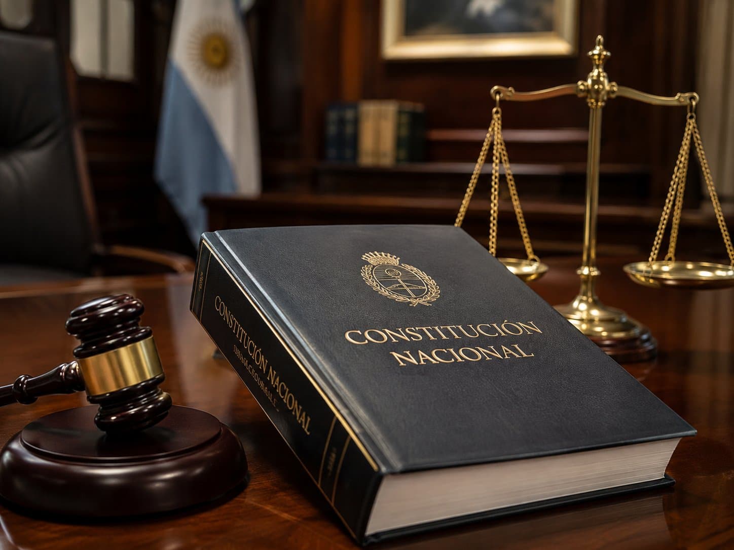 Mazo de juez junto a un ejemplar de la Constitución Nacional Argentina