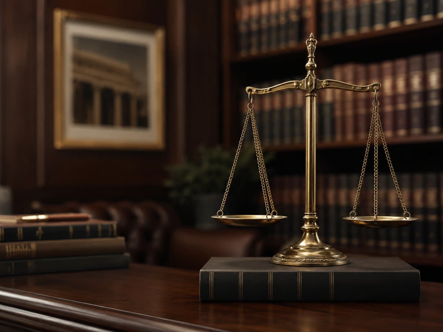 Balanza de la justicia sobre un libro, en una biblioteca de estudio jurídico